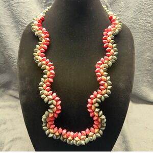 VTG Handmade‎ Beaded Necklace Graduated Pink Coral Sage Green Statement 22 in
